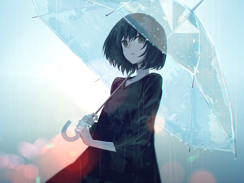 Anime Girl with Umbrella — Blue, Serene, Digital Art, Rain