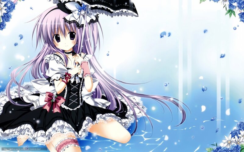Anime Girl with Umbrella — Blue, Serene, Flowers, Rain
