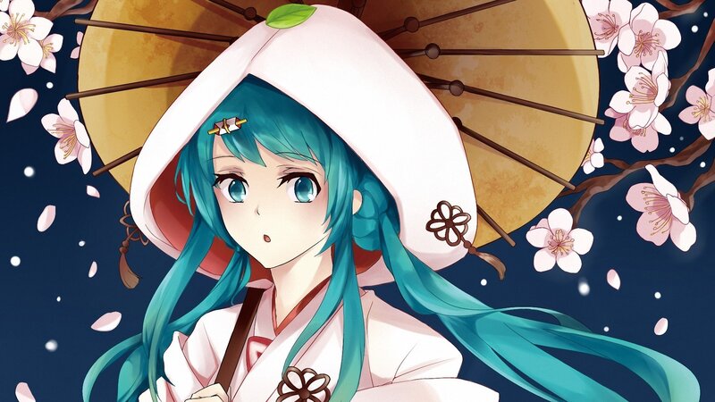 Anime Girl with Umbrella — Blue, Serene, Night, Cherry Blossoms