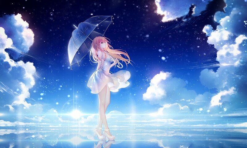 Anime Girl with Umbrella — Blue, Serene, Night, Digital Art, Clouds, Sky