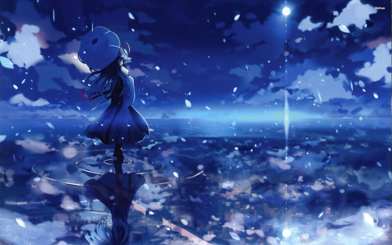 Anime Girl with Umbrella — Blue, Serene, Night, Digital Art, Clouds