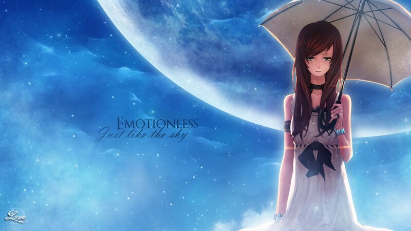 Anime Girl with Umbrella — Blue, Serene, Night, Digital Art, Moon
