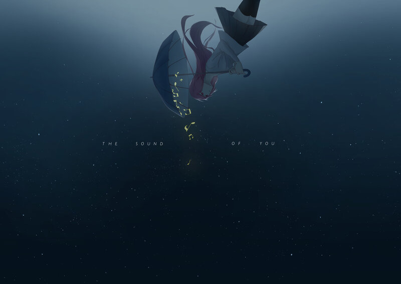 Anime Girl with Umbrella — Blue, Serene, Night, Digital Art, Music Notes