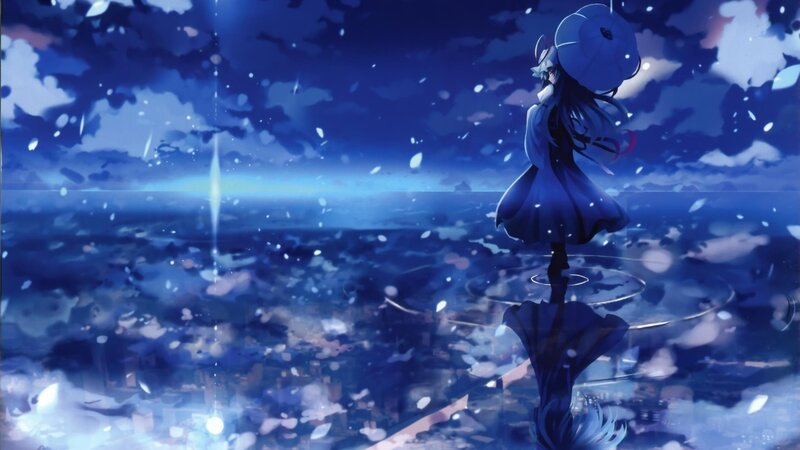 Anime Girl with Umbrella — Blue, Serene, Night, Digital Art, Rain