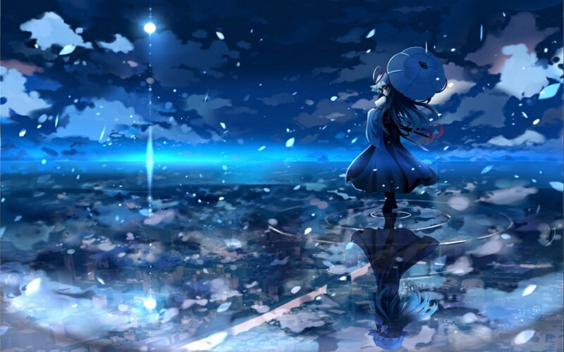 Anime Girl with Umbrella — Blue, Serene, Night, Digital Art