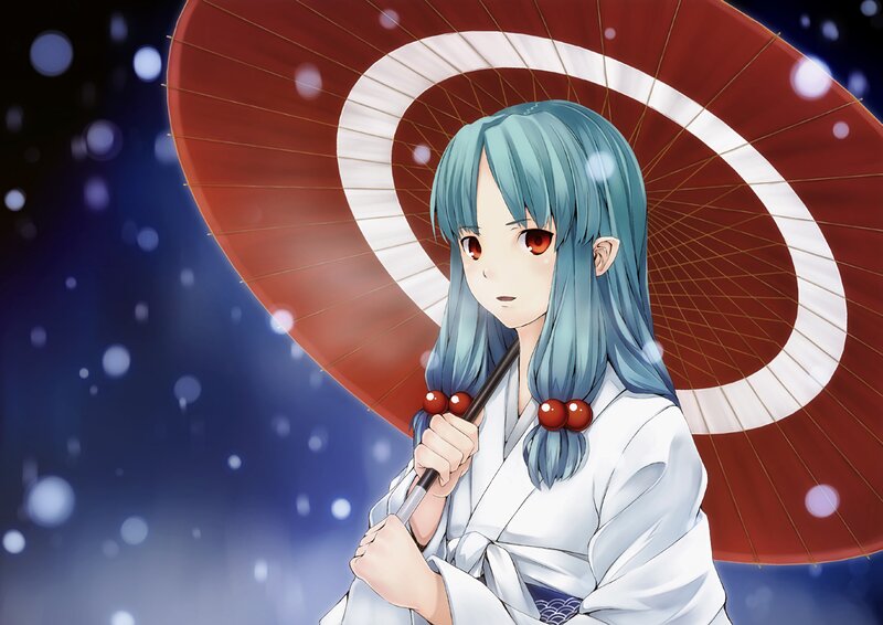 Anime Girl with Umbrella — Blue, Serene, Night, Kimono
