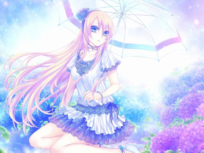 Anime Girl with Umbrella — Blue, Serene, Spring, Digital Art, Flowers