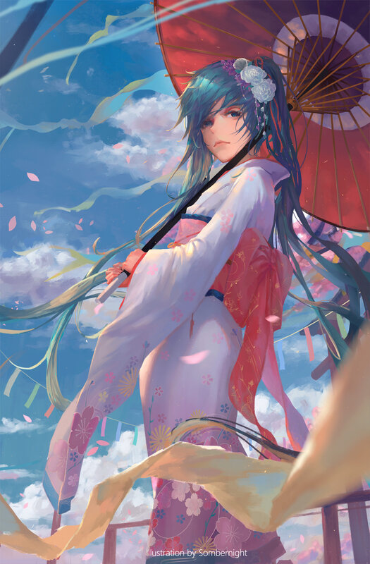 Anime Girl with Umbrella — Blue, Serene, Spring, Digital Art, Kimono, Sakura