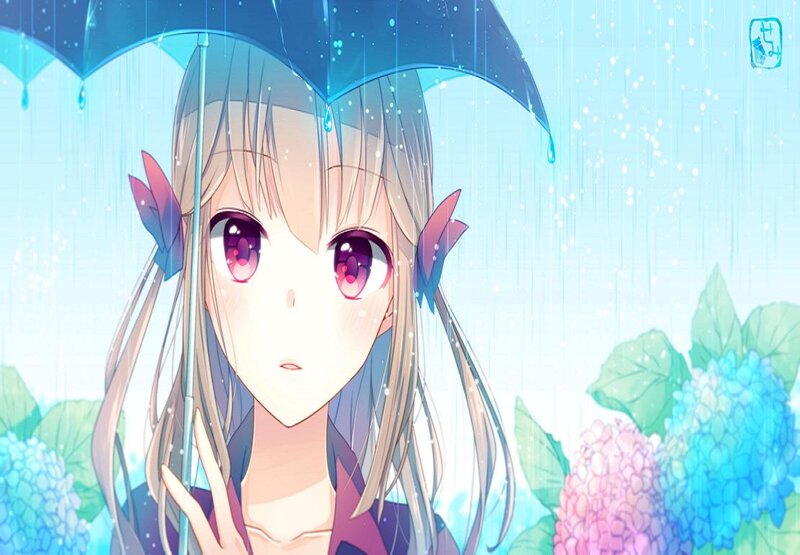 Anime Girl with Umbrella — Blue, Serene, Spring, Digital Art, Rain