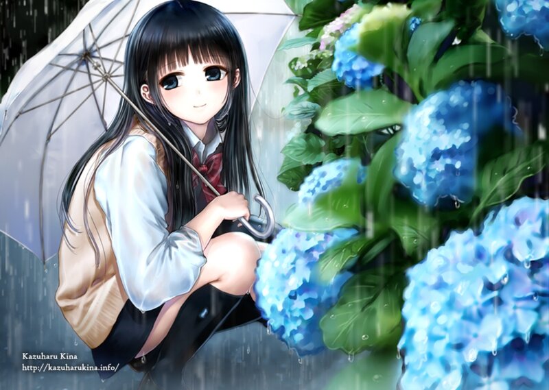 Anime Girl with Umbrella — Blue, Serene, Spring, Hydrangea Flowers