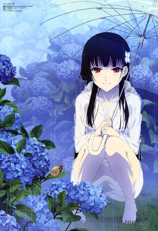 Anime Girl with Umbrella — Blue, Serene, Spring, Hydrangea, Snail