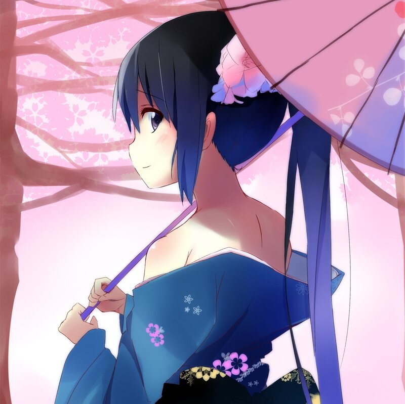 Anime Girl with Umbrella — Blue, Serene, Spring, Kimono, Cherry Blossoms