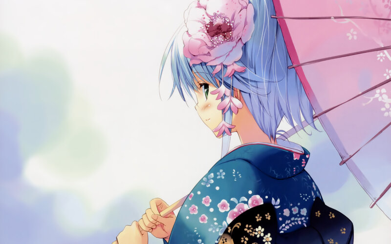 Anime Girl with Umbrella — Blue, Serene, Spring, Kimono, Flower
