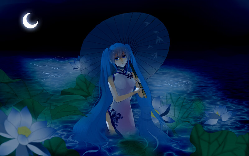 Anime Girl with Umbrella — Blue, Serene