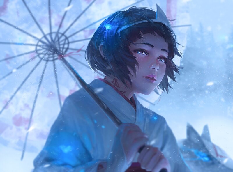 Anime Girl with Umbrella — Blue, Serene, Winter, Digital Art, Snow, Kimono