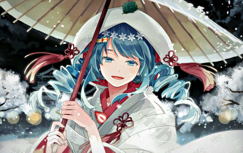 Anime Girl with Umbrella — Blue, Serene, Winter, Digital Art