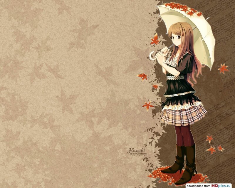 Anime Girl with Umbrella — Brown, Serene, Autumn, Fallen Leaves