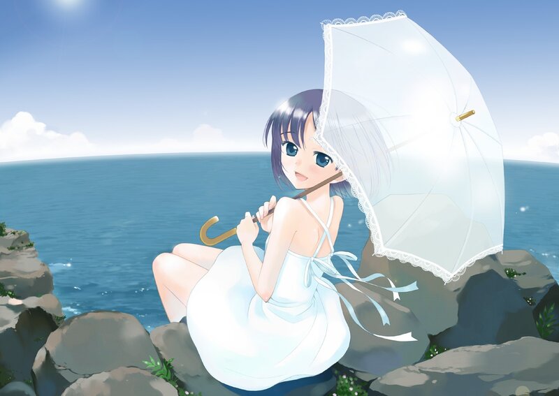 Anime girl with umbrella by sea