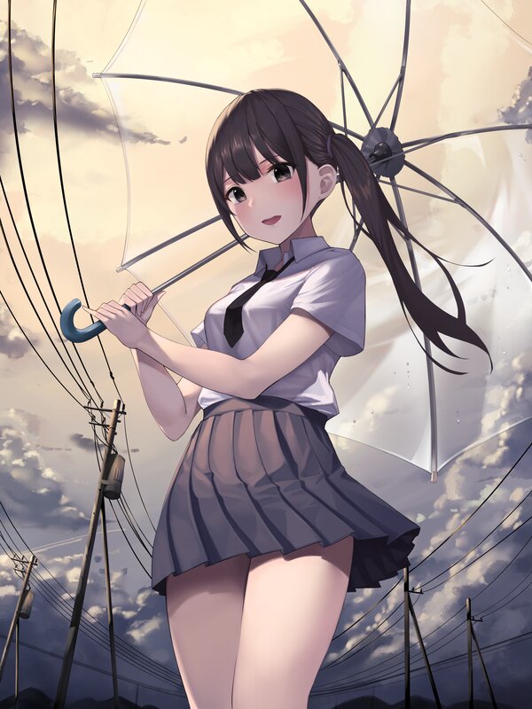 Anime Girl with Umbrella — Gray, Dramatic, Sunset