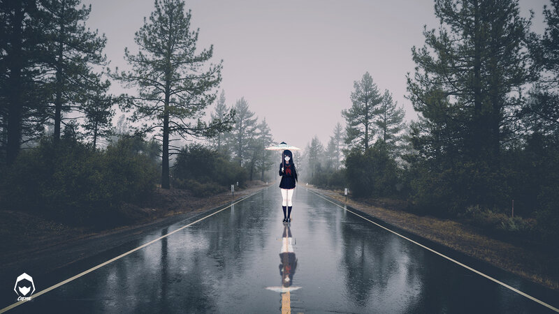 Anime Girl with Umbrella — Gray, Dreary, Morning
