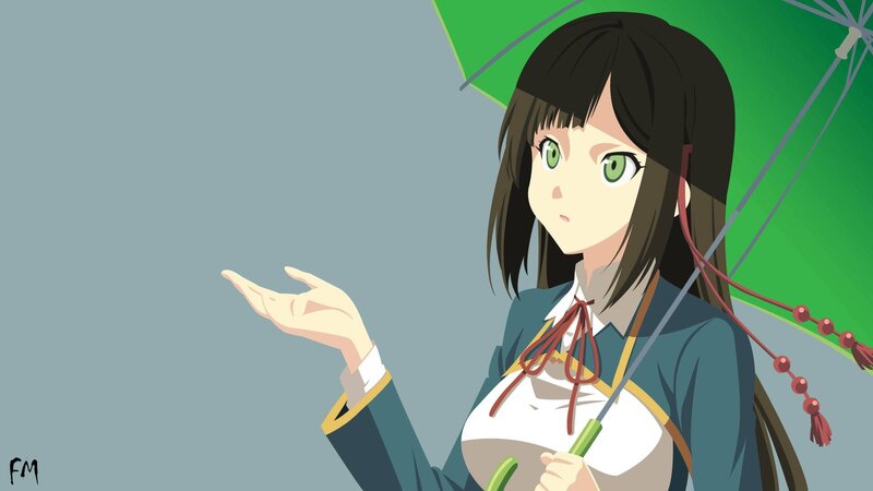 Anime Girl with Umbrella — Green, Calm, School Uniform, Green Eyes