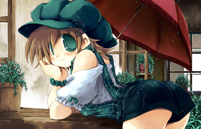 Anime Girl with Umbrella — Green, Calm