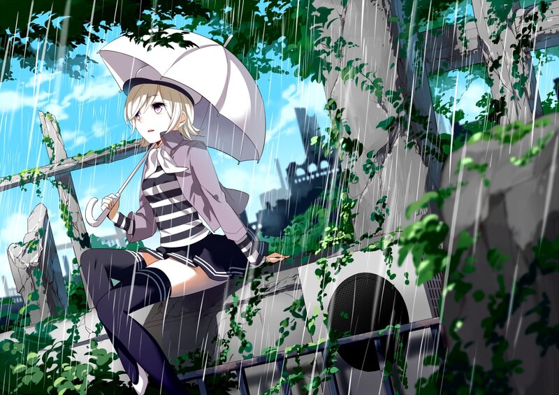 Anime Girl with Umbrella — Green, Dramatic, Afternoon