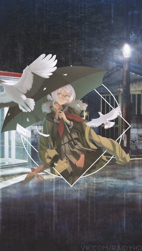 Anime Girl with Umbrella — Green, Dramatic, Night