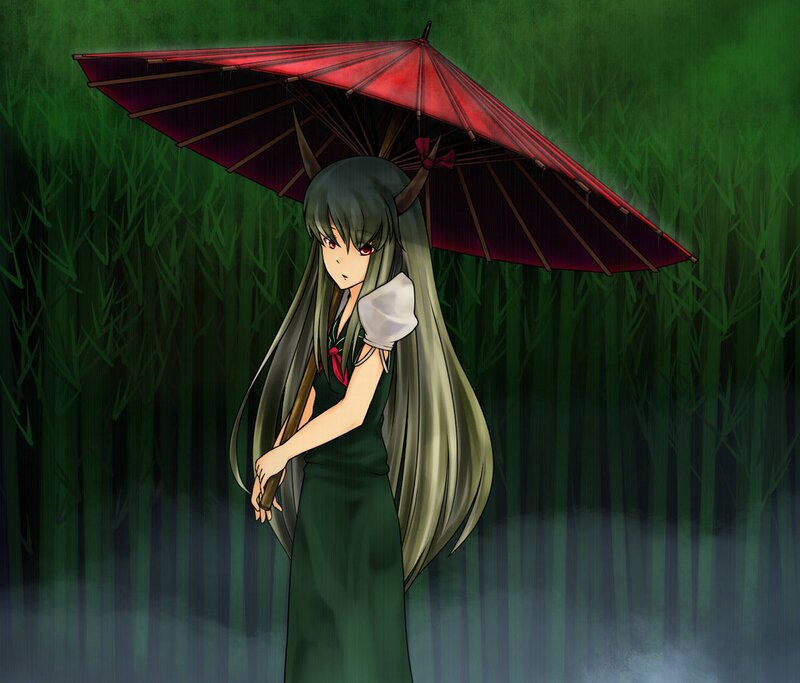 Anime Girl with Umbrella — Green, Dramatic