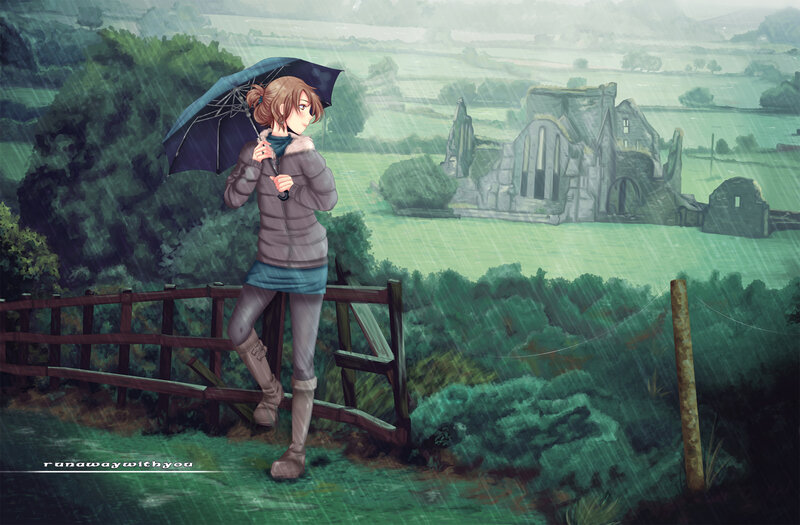 Anime Girl with Umbrella — Green, Melancholic, Afternoon