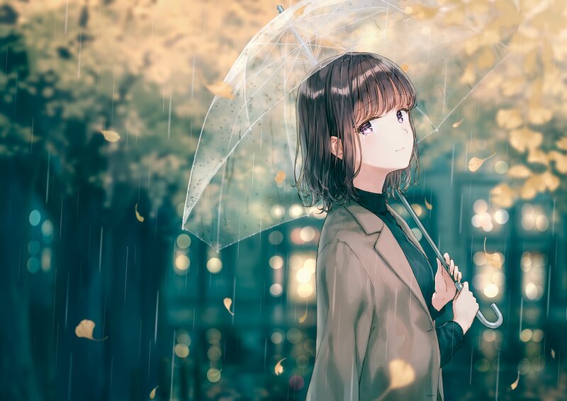 Anime Girl with Umbrella — Green, Melancholic, Night, Digital Art, Rain