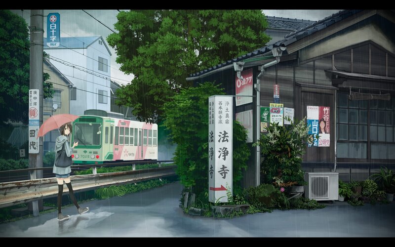 Anime Girl with Umbrella — Green, Rainy