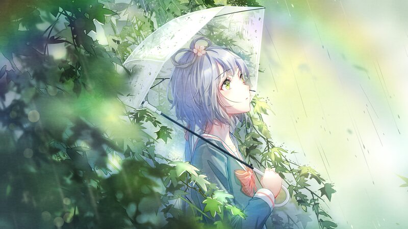 Anime Girl with Umbrella — Green, Serene, Spring, Digital Art, Rain