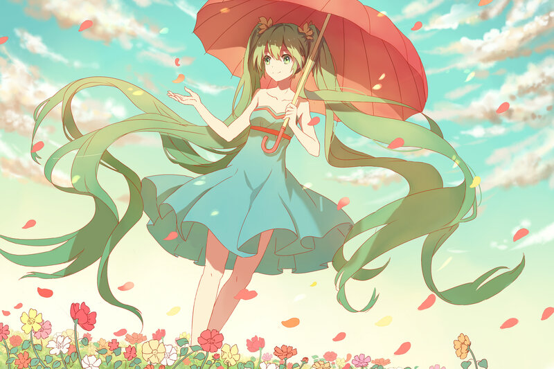 Anime Girl with Umbrella — Green, Serene, Spring, Digital Art