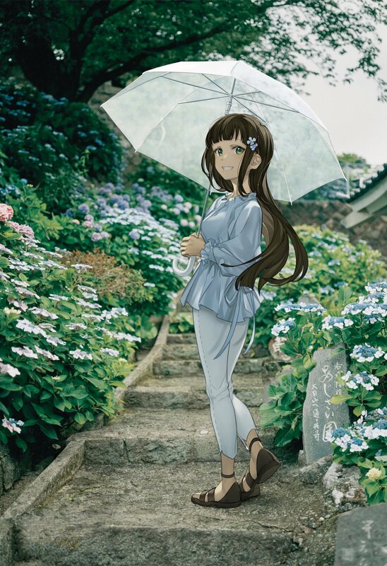 Anime Girl with Umbrella — Green, Serene, Spring, Flowers, Stone Steps