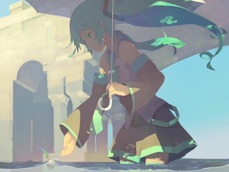 Anime Girl with Umbrella — Green
