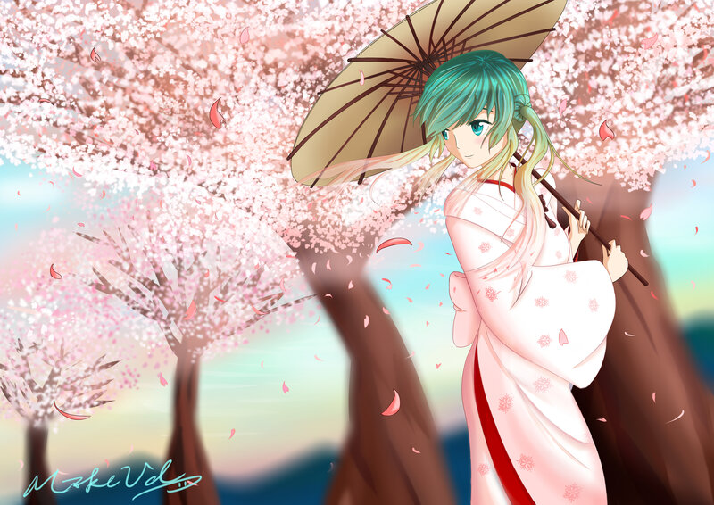 anime girl with umbrella in cherry blossoms