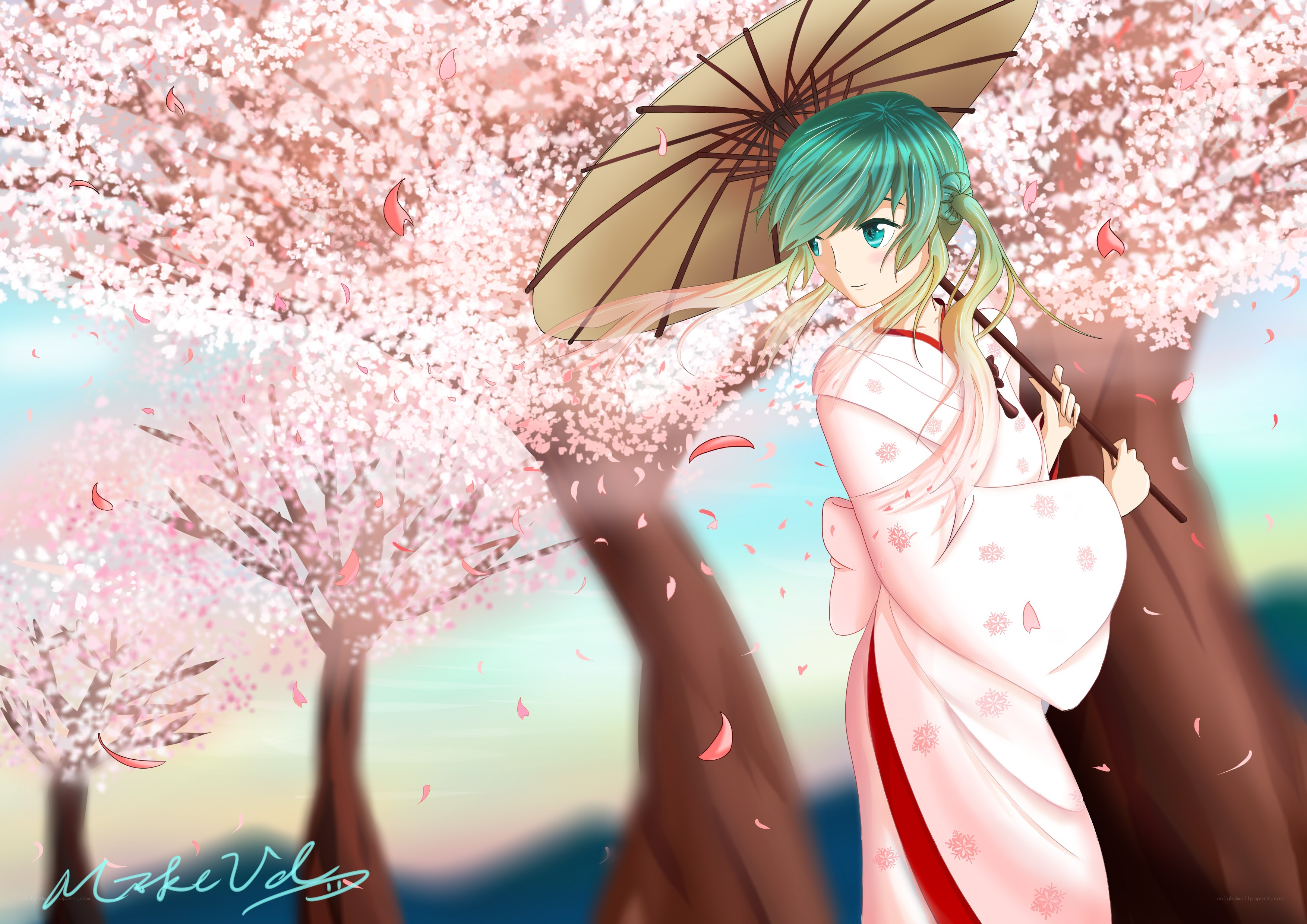 anime girl with umbrella in cherry blossoms