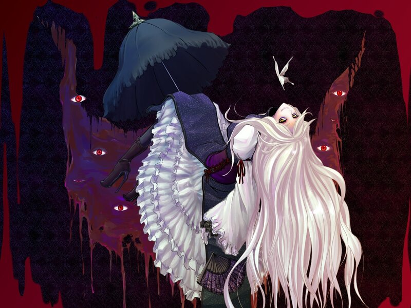 anime girl with umbrella in dark cave