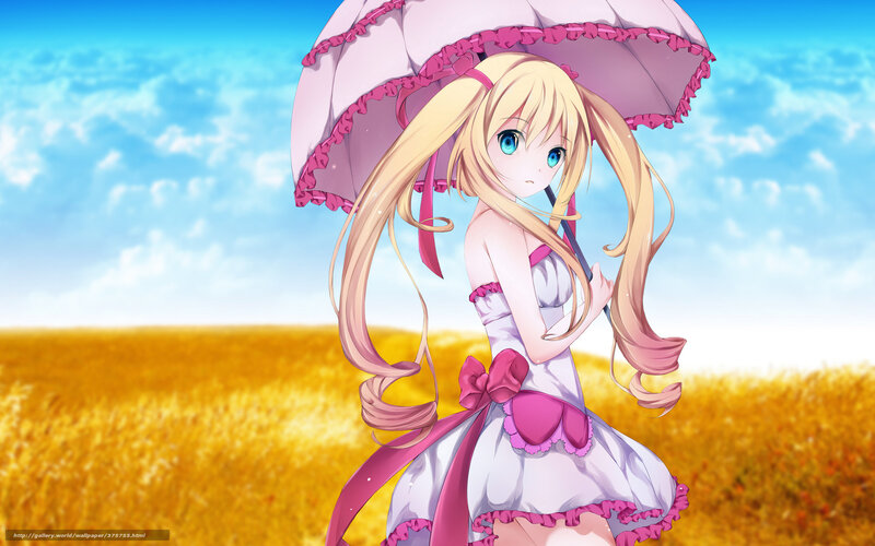 Anime girl with umbrella in field