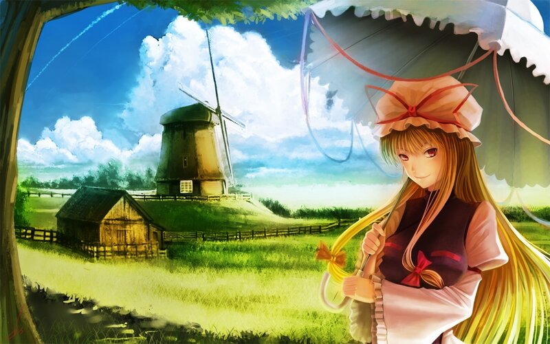 Anime girl with umbrella in field