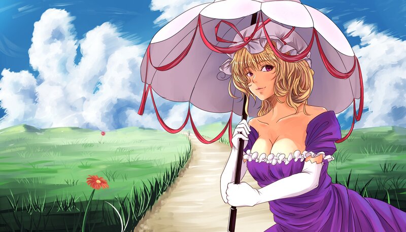 Anime girl with umbrella in field