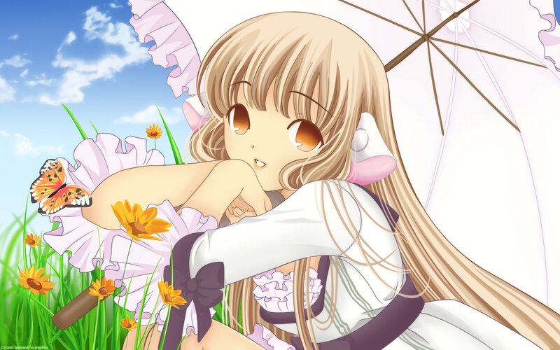 Anime girl with umbrella in field