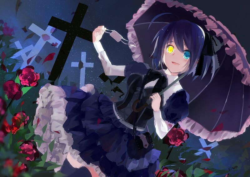 Anime girl with umbrella in graveyard