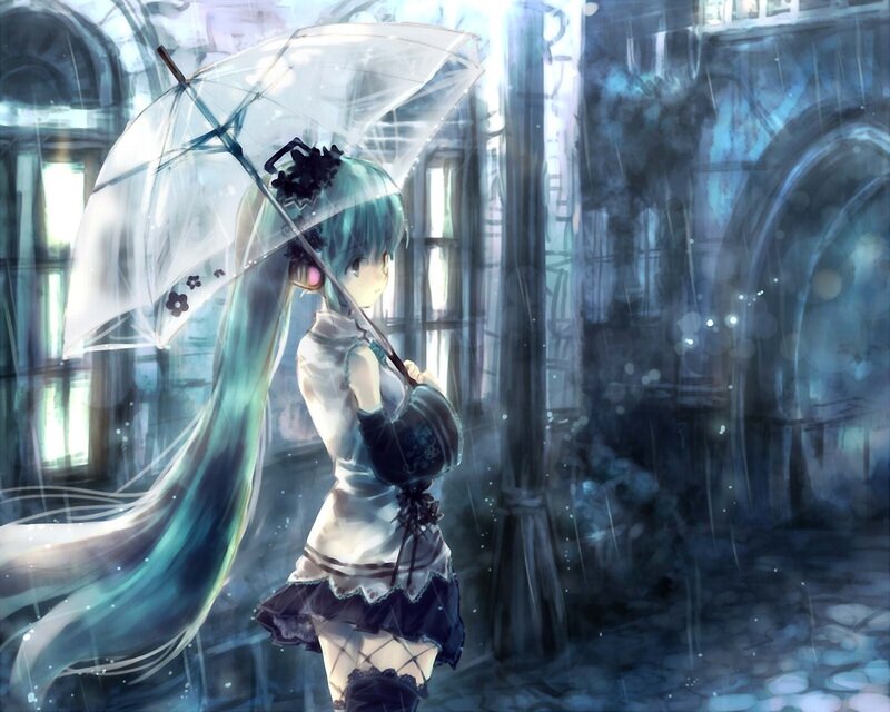 anime girl with umbrella in rain
