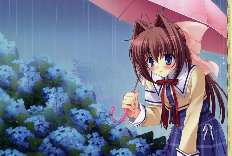Anime girl with umbrella in rain