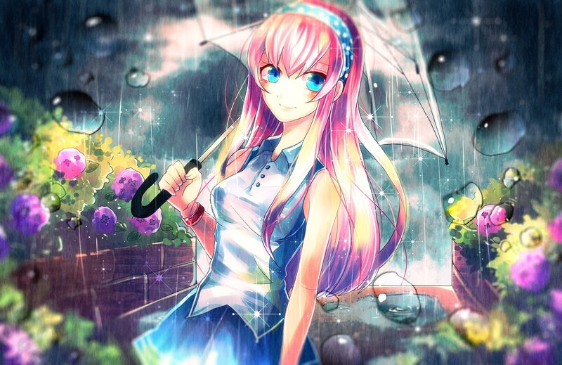 Anime girl with umbrella in rain