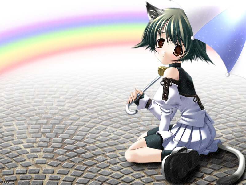 anime girl with umbrella in rain