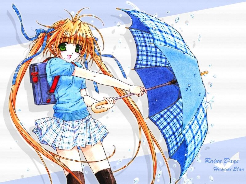 Anime girl with umbrella in rain