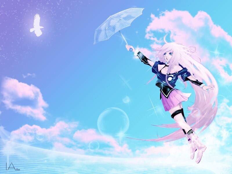 anime girl with umbrella in sky